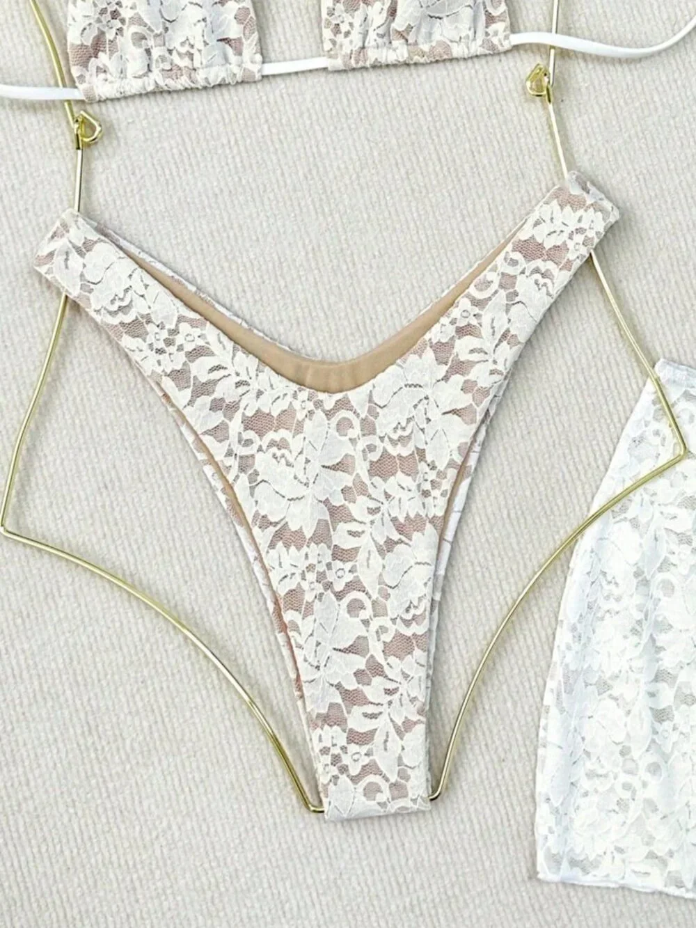 White lace 3exy Womens 3-Piece bikini Beach Set Panty Mesh Sarong Skirt
